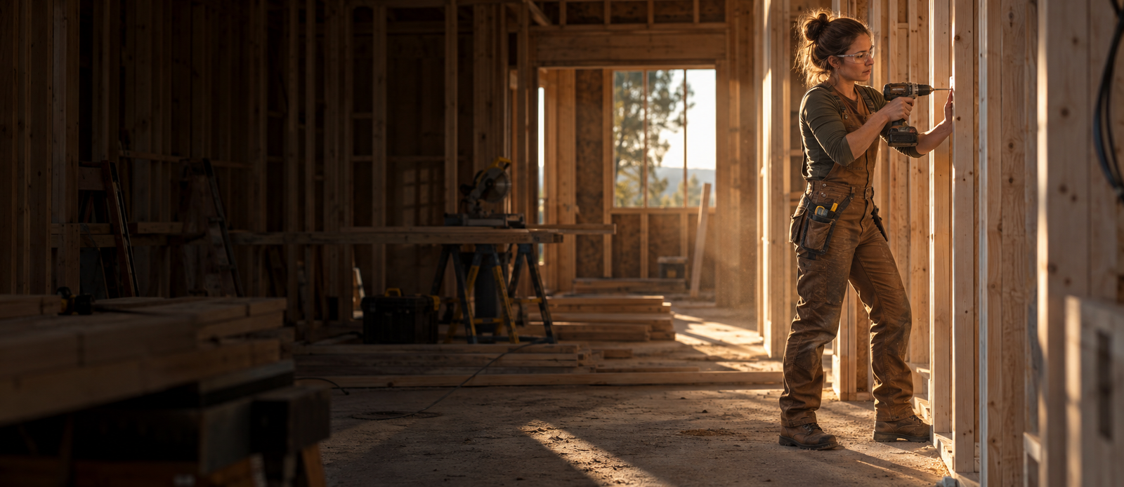 Woman carpenter building a framed wall
