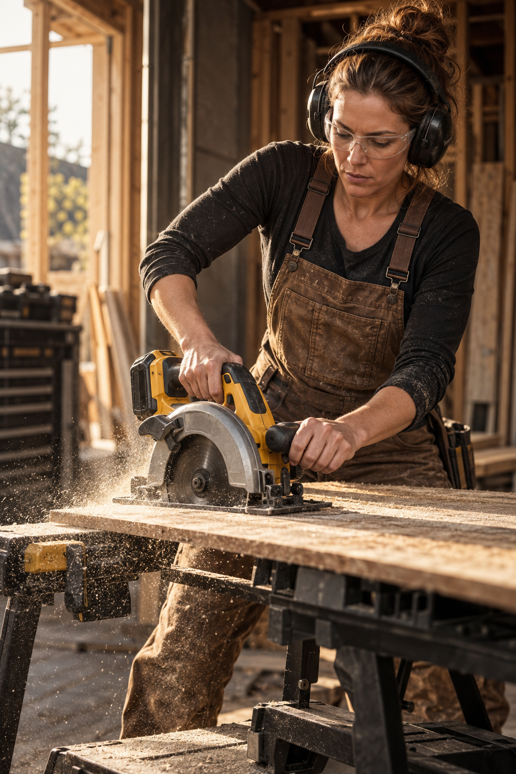 Woman wearing professional work pants while cutting plywood