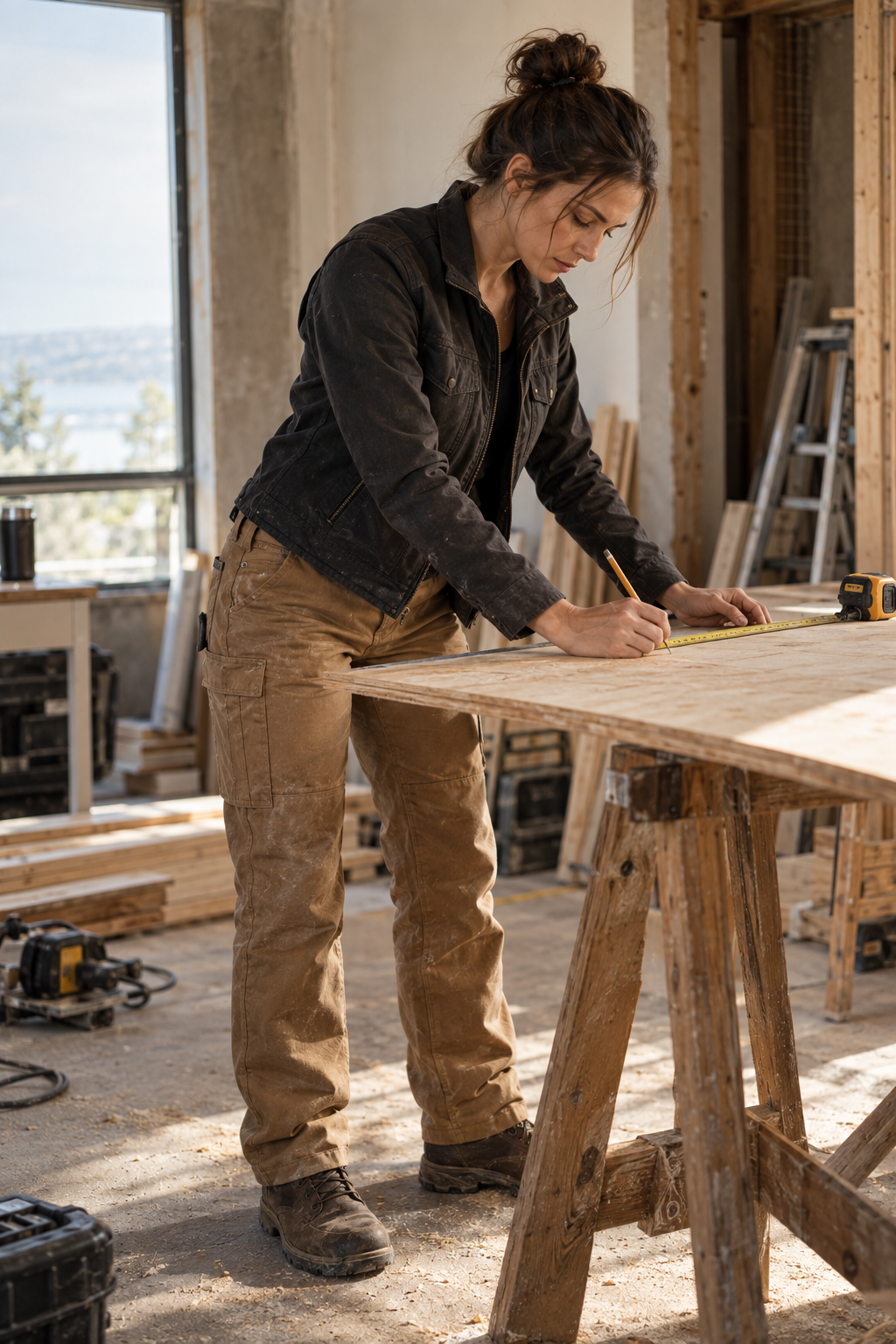 Woman wearing rugged utility pants at a workbench